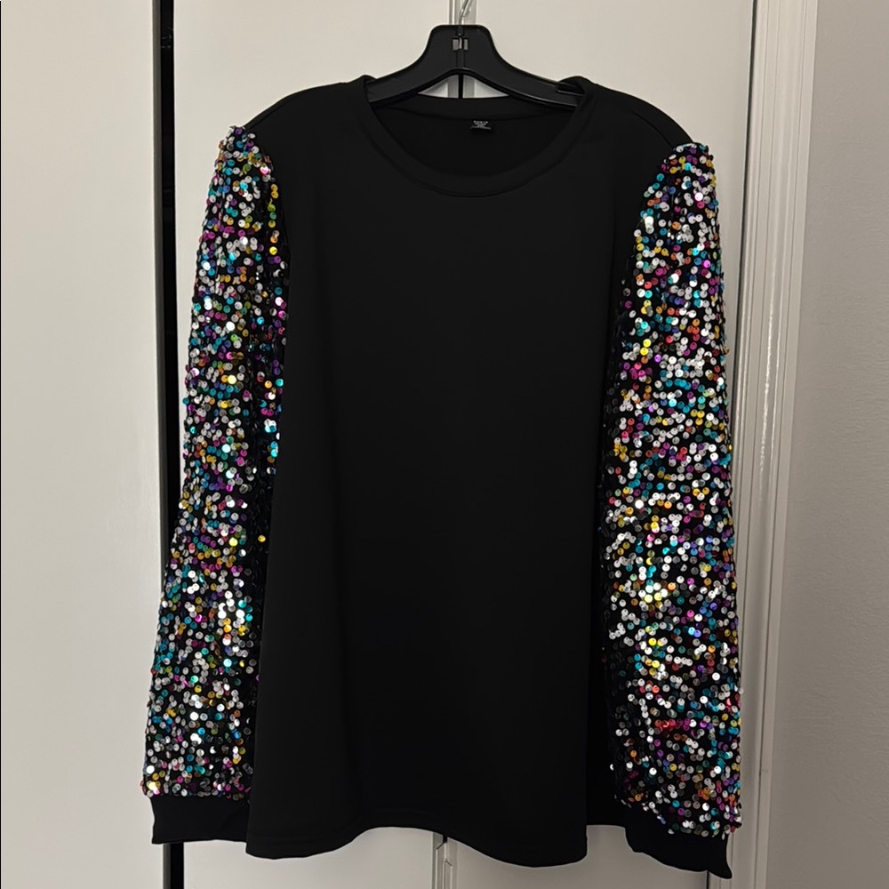 SHEIN Black Top with Multicolor Sequin Sleeves